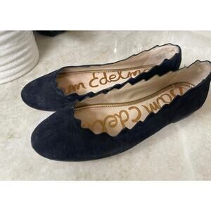 Sam Edelman Francis scalloped black suede leather flats Sz 9-1/2 EUC